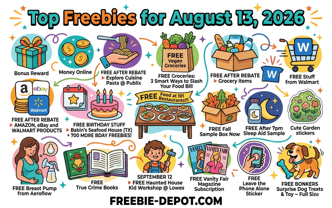 Top Freebies for August 13, 2026 – Ultimate FREEbie Roundup: FREE Groceries, Birthday Stuff & Product Samples