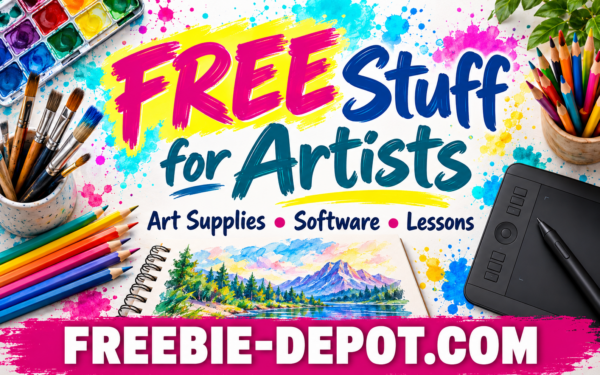 Free stuff for artists featuring colorful art supplies, a drawing tablet, and free creative resources.